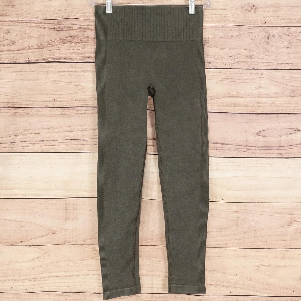 SPANX Leggings Womens M Green Ankle Ribbed Seamless Knit Stretch Slim Activewear